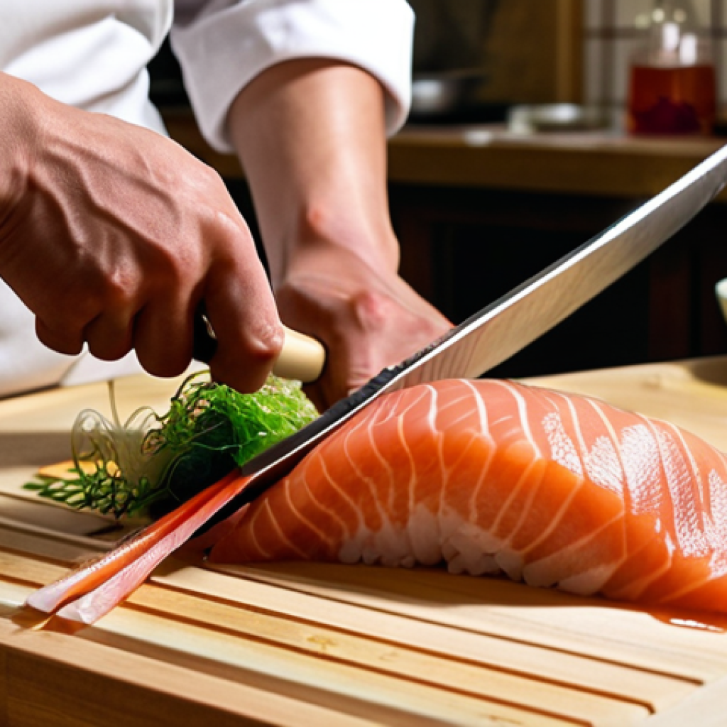 **

A determined chef meticulously slicing sashimi, showcasing knife skills, in a bustling Japanese kitchen. Focus on the precision and dedication.

**