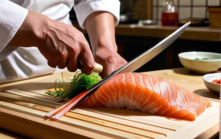 **

A determined chef meticulously slicing sashimi, showcasing knife skills, in a bustling Japanese kitchen. Focus on the precision and dedication.

**
