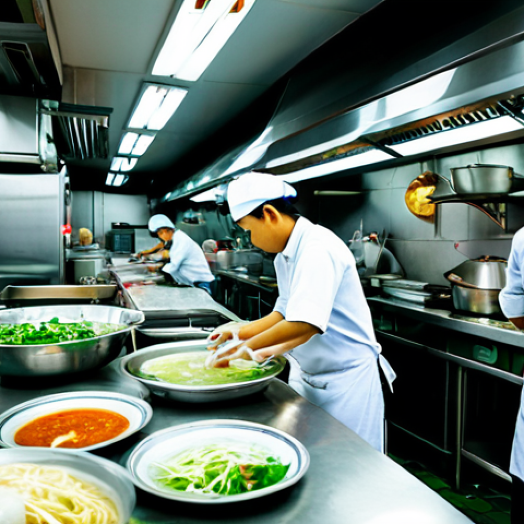 Busy Restaurant Kitchen**

"A bustling restaurant kitchen in Ho Chi Minh City during the dinner rush. Chefs in clean, professional uniforms are preparing traditional Vietnamese dishes like Pho and Banh Mi. Stainless steel surfaces gleam under bright lights. Safe for work, appropriate content, fully clothed, professional atmosphere, perfect anatomy, natural proportions."

**