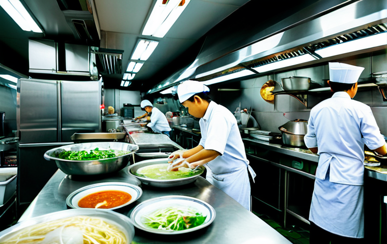 Busy Restaurant Kitchen**
"A bustling restaurant kitchen in Ho Chi Minh City during the dinner rush. Chefs in clean, professional uniforms are preparing traditional Vietnamese dishes like Pho and Banh Mi. Stainless steel surfaces gleam under bright lights. Safe for work, appropriate content, fully clothed, professional atmosphere, perfect anatomy, natural proportions."
**