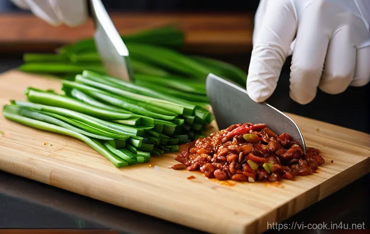 한식조리 자격증 실무 핵심 스킬 - **"A close-up, high-angle shot of a chef's hands, wearing clean white gloves, meticulously slicing f...
