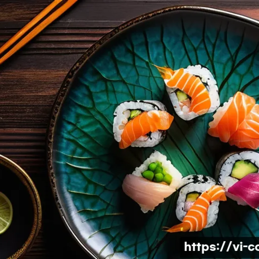 일식조리사 취업의 장단점 - **Prompt:** A close-up, high-angle shot of a meticulously arranged sushi and sashimi platter, presen...