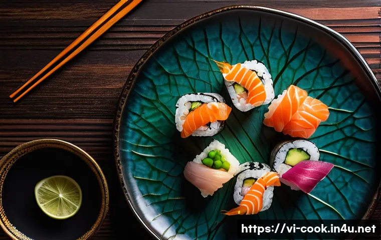 일식조리사 취업의 장단점 - **Prompt:** A close-up, high-angle shot of a meticulously arranged sushi and sashimi platter, presen...