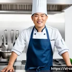 양식조리사 자격증의 가치와 전망 - A professional Vietnamese chef in a modern kitchen wearing a clean chef's uniform and apron, skillfu...