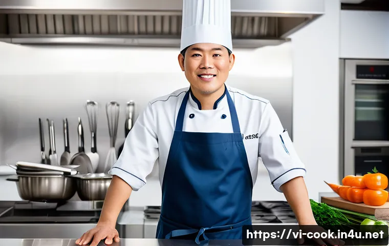 양식조리사 자격증의 가치와 전망 - A professional Vietnamese chef in a modern kitchen wearing a clean chef's uniform and apron, skillfu...