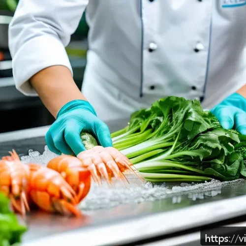 양식조리사 이론 필수 암기 사항 - A professional Vietnamese kitchen scene focusing on fresh ingredients selection: vibrant green leafy...