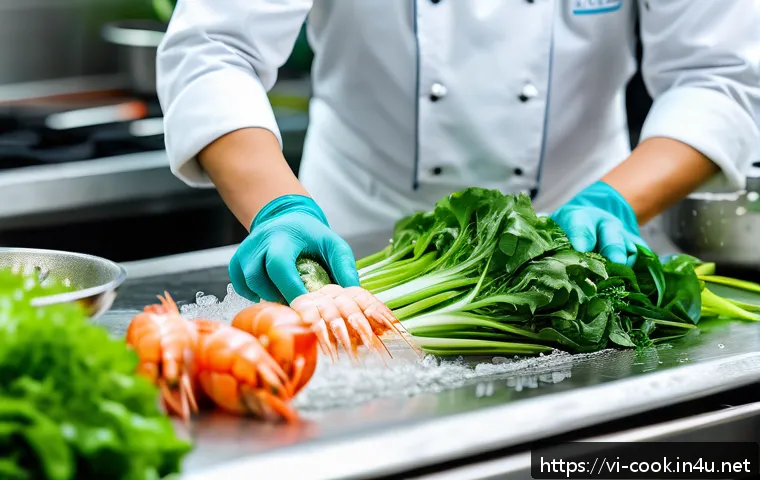 양식조리사 이론 필수 암기 사항 - A professional Vietnamese kitchen scene focusing on fresh ingredients selection: vibrant green leafy...