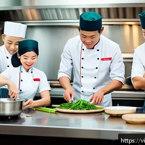 한식조리사 필기 문제 풀이 전략 - A professional Vietnamese kitchen scene showing a diverse group of chefs in clean, neat chef uniform...