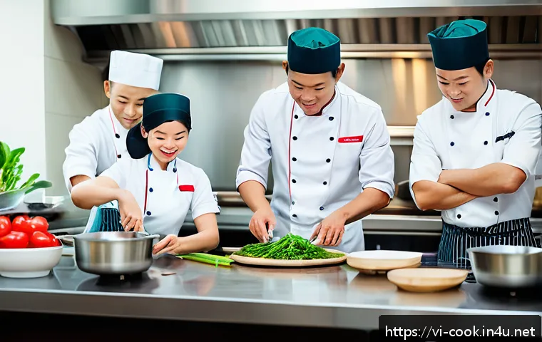 한식조리사 필기 문제 풀이 전략 - A professional Vietnamese kitchen scene showing a diverse group of chefs in clean, neat chef uniform...