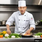 한식조리사 연봉 협상 팁 - A confident Vietnamese chef in a modern kitchen setting, wearing a clean chef&rsquo;s jacket and hat, skil...