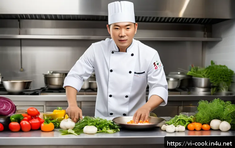 한식조리사 연봉 협상 팁 - A confident Vietnamese chef in a modern kitchen setting, wearing a clean chef’s jacket and hat, skil...