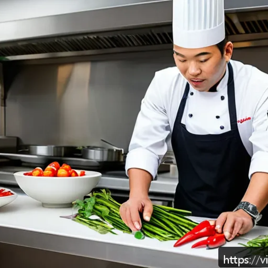 한식조리사 시험장에서 알아야 할 팁 - A professional Vietnamese chef in a modern test kitchen, wearing a clean chef&rsquo;s uniform and apron, c...