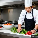 한식조리사 시험장에서 알아야 할 팁 - A professional Vietnamese chef in a modern test kitchen, wearing a clean chef&rsquo;s uniform and apron, c...