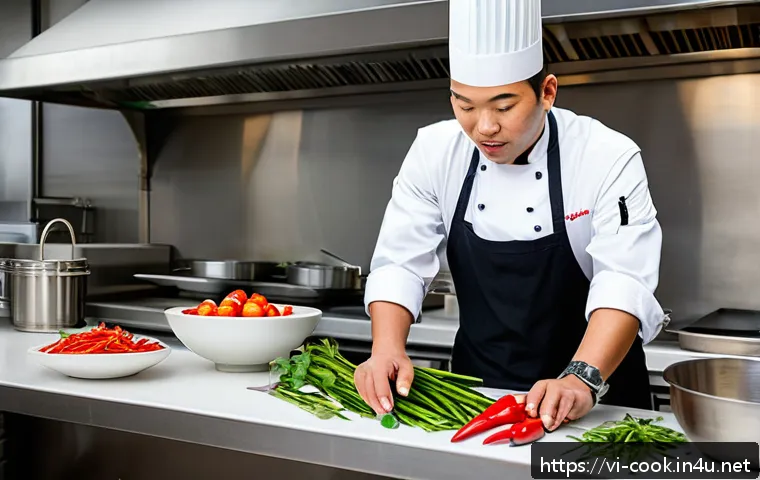 한식조리사 시험장에서 알아야 할 팁 - A professional Vietnamese chef in a modern test kitchen, wearing a clean chef’s uniform and apron, c...