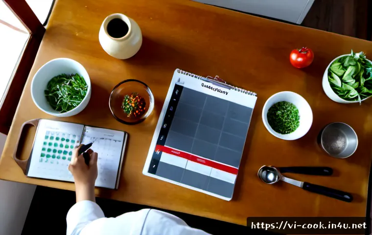 Home 30 조리사 자격증 학습 스케줄 관리 - Photorealistic overhead view of a Vietnamese culinary student organizing a weekly cooking certificat...