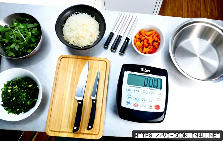 한식조리사 실기 연습 도구 - Photorealistic overhead view of a neat Vietnamese home kitchen practice station for professional coo...