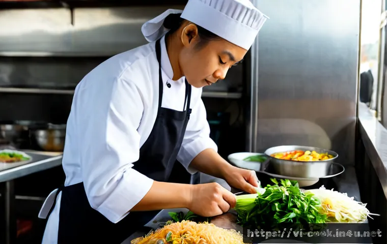 조리사 업무 일기  하루 스케줄 공개 - Photorealistic Vietnamese restaurant chef beginning an early morning shift, wearing a clean white ch...