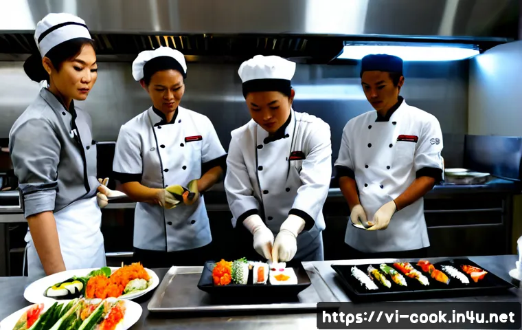 Home 17 일식조리사 자격증 실기 합격률 높은 학원 - Photorealistic Vietnamese adult culinary students in crisp chef uniforms practicing Japanese cuisine...